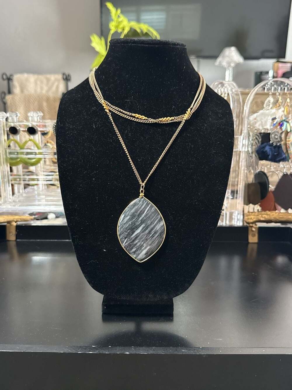 Gold Tone Layered Necklace With Stone Pendant